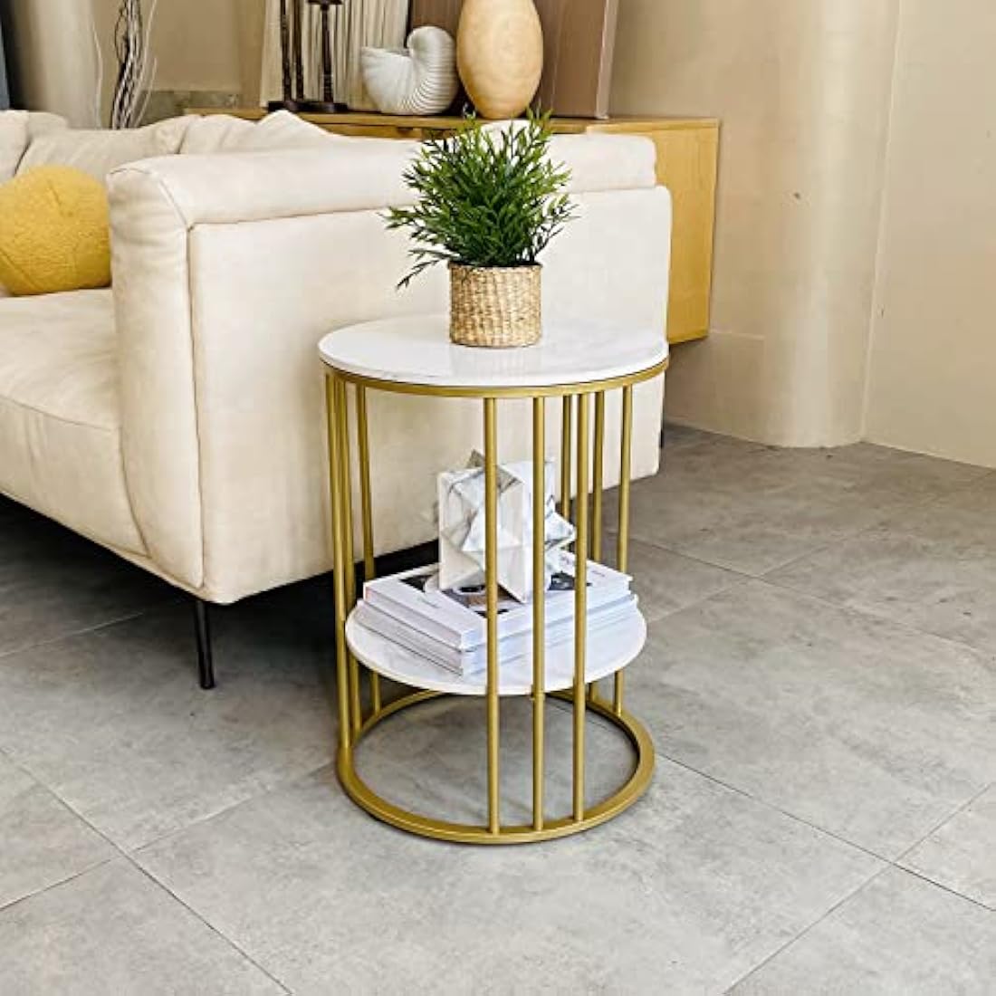 Marble Top Side Table Gold: Small Circle End Tables 40 x 54cm Sintered Stone Bedside with Metal Golden Legs Modern White Nightstand 2 Tier Round Sofa Coffee Table for Bedroom Living Room Furniture