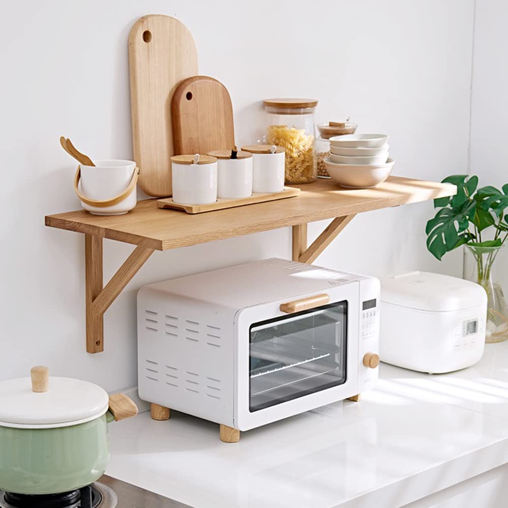 Gieanoo Oak Floating Shelves, Solid Oak wood Wall Shelf Rustic Display Shelf with 2 Triangle Brackets for Bedroom Kitchen Office Farmhouse Storage