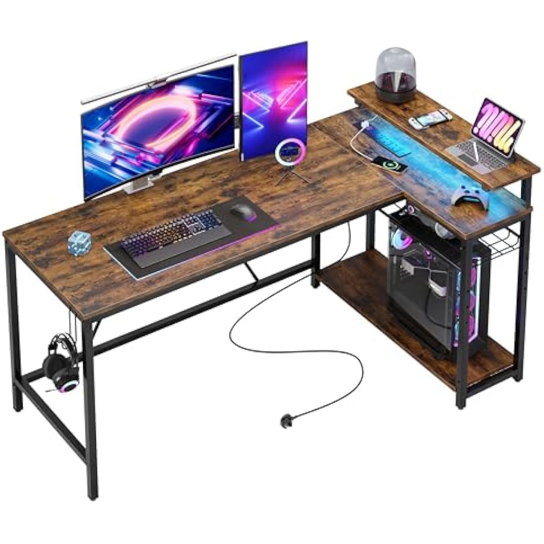 Bestier 147CM L-Shaped Desk with Power Outlets & LED Lights, Reversible Corner Computer Desk with Shelves & Hooks for Home Office or Bedroom Study