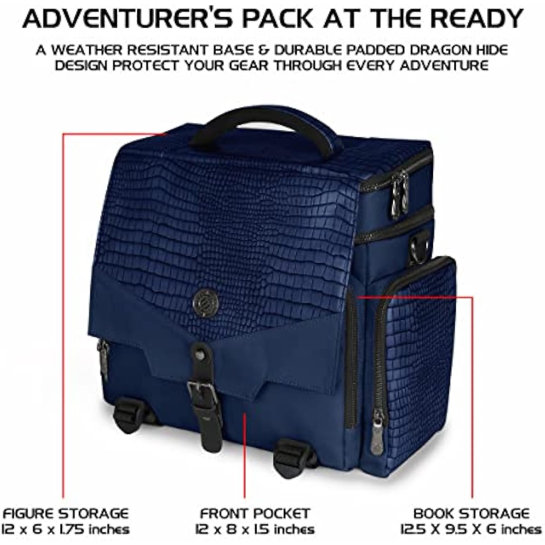 ENHANCE Collector's Edition RPG Adventurer's DND Bag - Dragon Hide Exterior Travel RPG Bag with Tabletop Miniatures Storage Vault, Mat Holder, DND Dice & Token Pockets, Fits 4-8 Books (Dragon Blue)