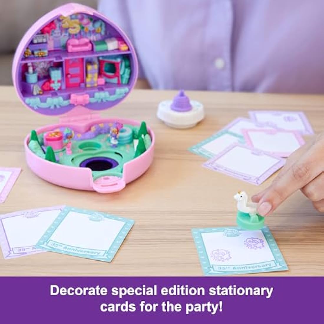 Polly Pocket Dolls and Playset, Collector Heritage Compact, 35th Birthday Partytime Stamper with 2 Dolls, 3 Party Stamps, and 12 Stationary Cards, HWP20