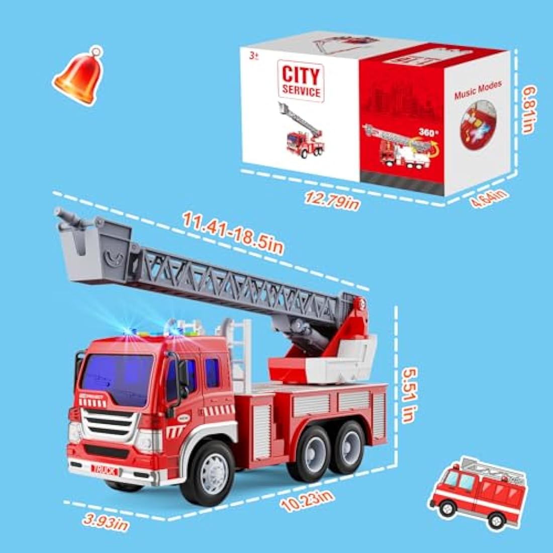 GizmoVine Fire Engine Toys, Fire Truck with Lights Sound Extending Ladder, Friction Powered Large Toy Firetruck, Kids Big Trucks, Brithday for Children Age 3 4 5 6 7 8 Year Olds