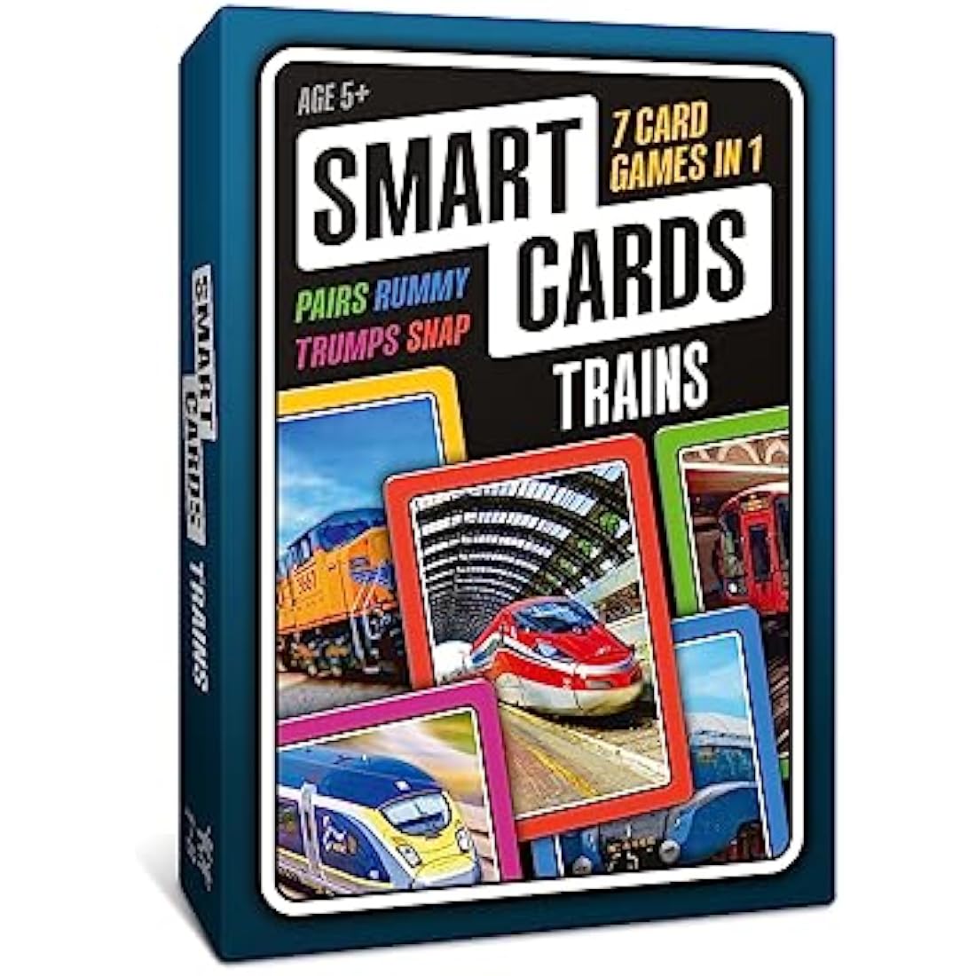 SMART CARDS Trains, Gift, Stocking Filler, Travel Card Game, 7 games in 1, Pairs, Snap, Trumps, Rummy, Memory Quiz, Trivia, Age 5+, 1-8 Players