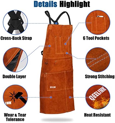 QeeLink Leather Welding Apron with Gloves for Men and Women, Work for Carpenter, Woodworker with 6 Pockets, Adjustable M to XXL