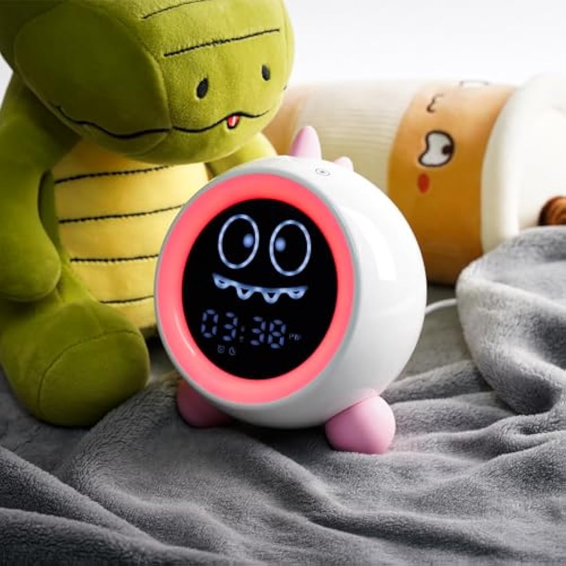 Kids Alarm Clock, Toddler Sleep Training Clock with Night Lights, Sound Machine, Time to Wake Dinosaur Alarm Clock for Children (Pink)