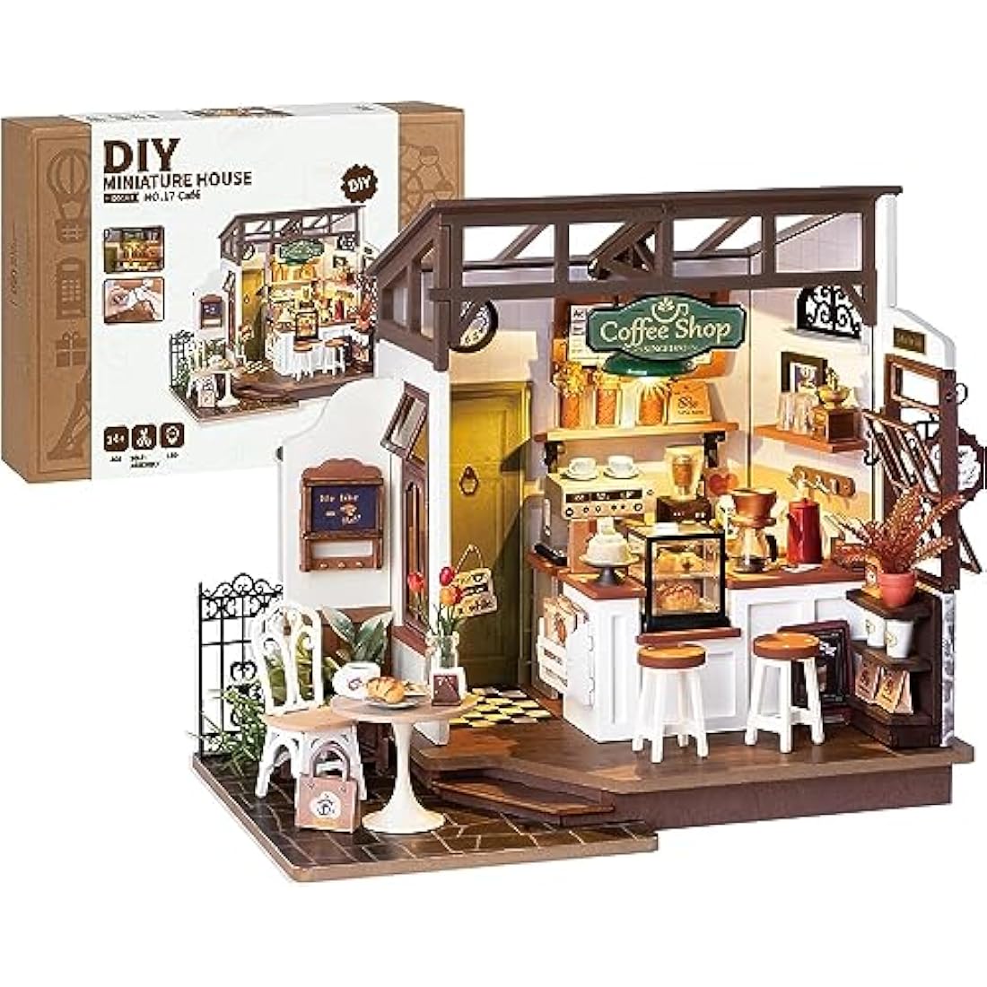 ROBOTIME DIY Wooden Dollhouse Set with Miniature Furniture, Model Building Set with Accessories and LED, Model Kit for Adult and Children, Holiday Birthday (NO.17 Coffee)