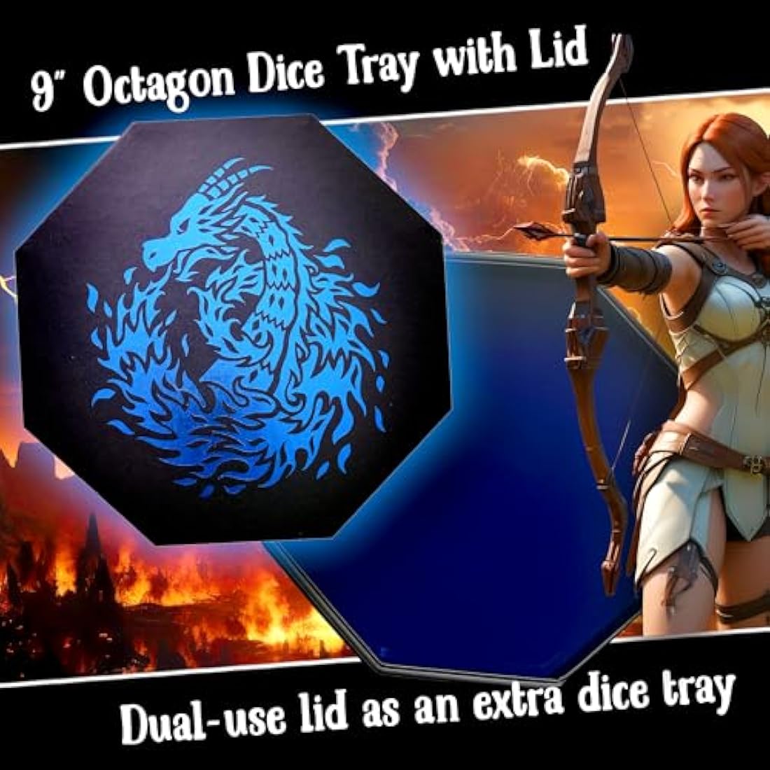 Fantasydice- Fire Dragon - Dice Tray - 20CM Octagon with Lid and Dice Staging Area- Holds 5 Sets of Dice(7 / Standard) For All Tabletop RPGs Like D&D, Call of Cthulhu, Shadowrun. (BLUE)