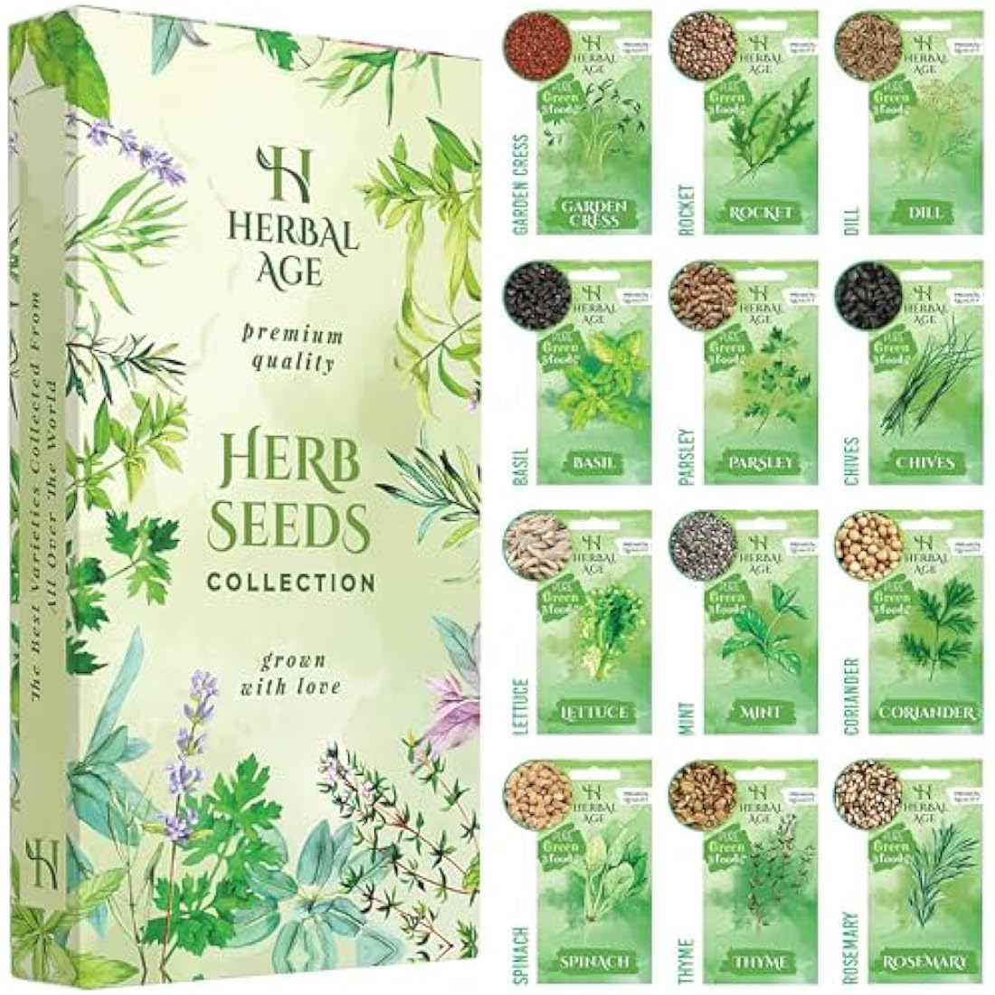 Herbal Age Grow Your Own Herb Garden Kit, 12 Herbs Plants, 8700 Herb Seed Box for Planting UK, Salad Leaves, Basil Seeds, Mint, Cress Seeds, Veg Plant Gardening Gift for Men, Women, Kids