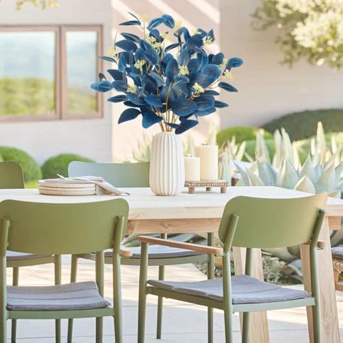 UXORSN 6PCS Artificial Eucalyptus Stems Leaves Blue Faux Eucalyptus Plant Spray Greenery Stem Branches with Seeds Silver Dollar Foliage for Wedding Vase Flower Arrangement Party Decor