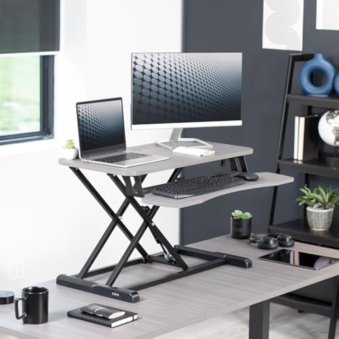 VIVO 81 cm Desk Converter, K Series, Height Adjustable Sit to Stand Riser, Dual Monitor and Laptop Workstation with Wide Keyboard Tray, Gray Top, Black Frame, DESK-V000KG