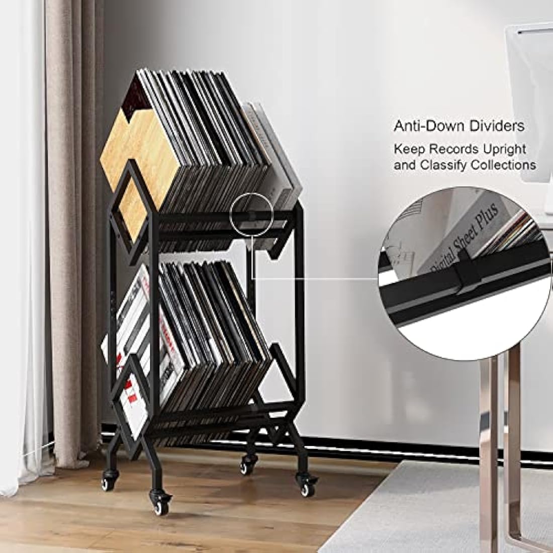VEDECASA DJ Vinyl Record Storage Holder Rack LP Storage Display Stand with Casters Easy to Move Mobile Book Albums Storages Magazine Holder Office Files Organizer Shelf