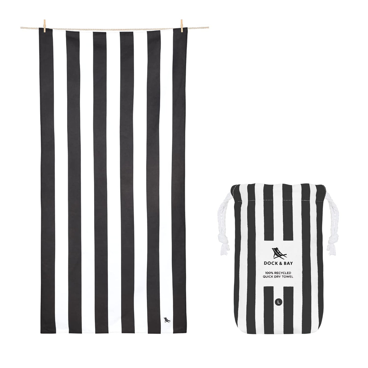 Dock & Bay Beach Towel - Quick Dry, Sand Free - Compact, Lightweight - 100% Recycled - Includes Bag - Cabana - Kamari Charcoal - Large (160x90cm,