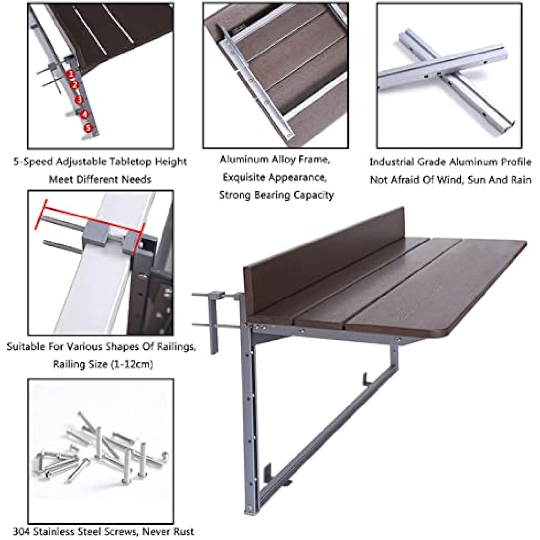 Gdmokle Balcony Hanging Table, Balcony Folding Table, Railing, Hanging Table with 5 Way Height Adjustable, Foldable Balcony Table for Patio Garden, Aluminium Profile Table (60x37 cm/23.6x14.6 inches)