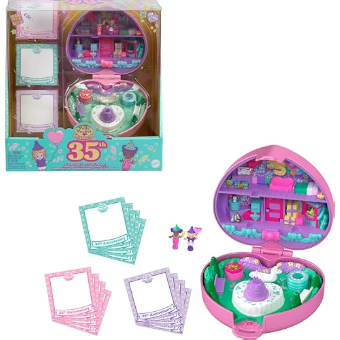 Polly Pocket Dolls and Playset, Collector Heritage Compact, 35th Birthday Partytime Stamper with 2 Dolls, 3 Party Stamps, and 12 Stationary Cards, HWP20