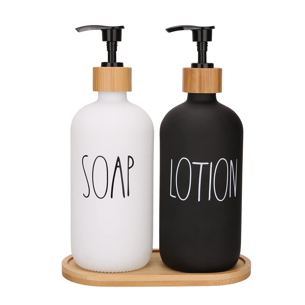 Soap Dispenser Bathroom Set, Hand Soap and Lotion Dispenser Set with Tray for Bathroom, Black and White Bathroom Decor Modern Farmhouse Decor Kitchen