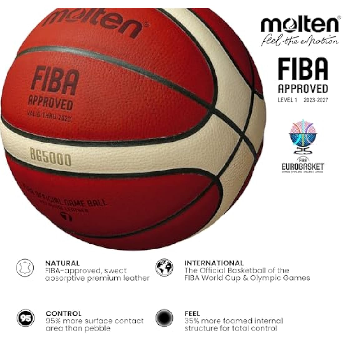 Molten BG5000 Basketball, Official International FIBA Game & Match Ball, FIBA Approved, Premium Real Leather, Indoor Play, Orange/Ivory