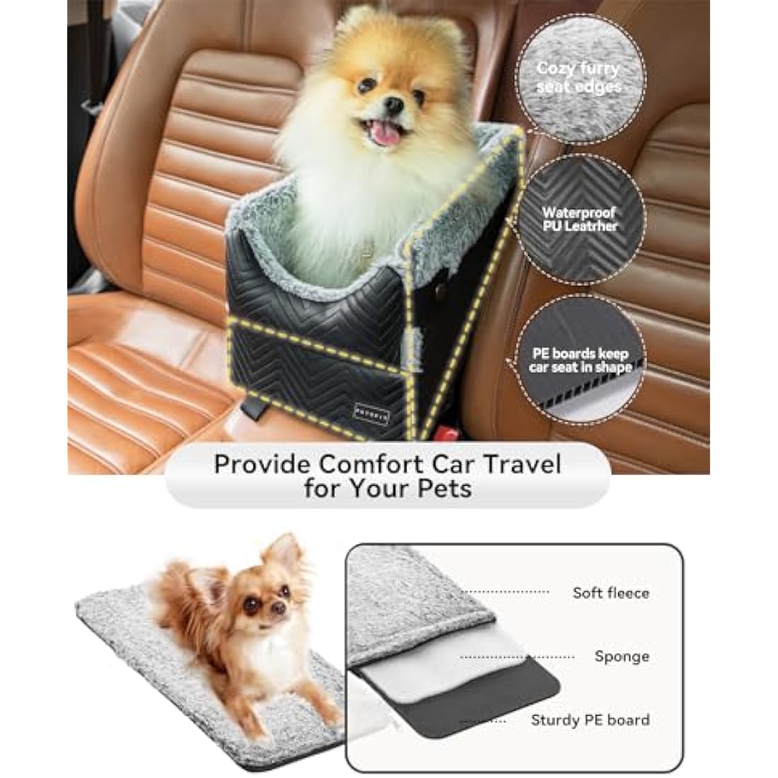 PETSFIT Center Console Dog Car Seat with Safe Protection Hooks, Upgraded Safety Tethers, Washable Cushion, Console Dog Seat for Small Dogs Up to 9 Lbs