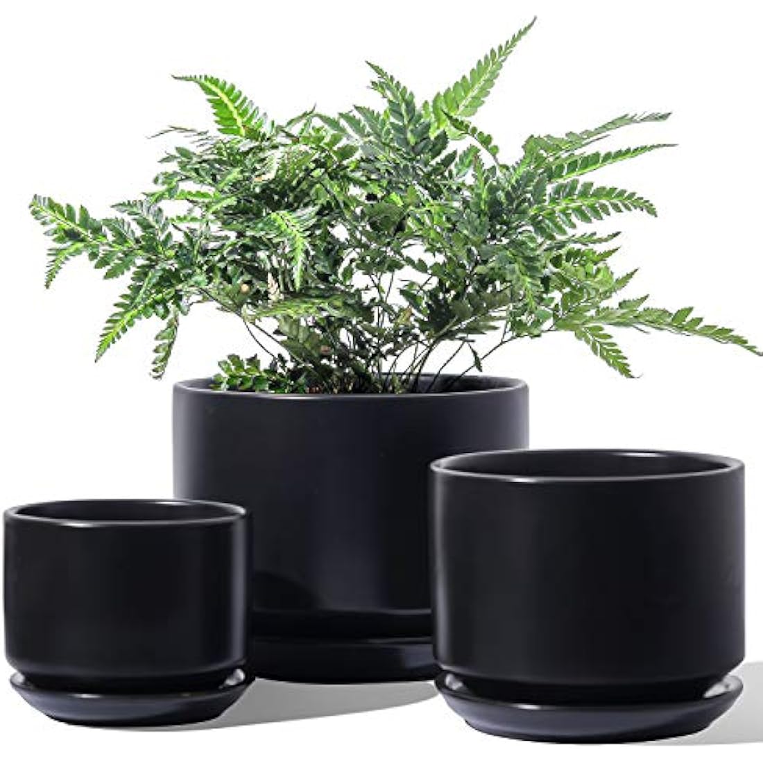 LE TAUCI Plant Pots, 11+13+17 cm Ceramic Planters, Set of 3 Flower Pots with Drainage Hole and Saucer, Indoor Plant Pot with Hole Mesh Pad, Gifts for Mom, Black