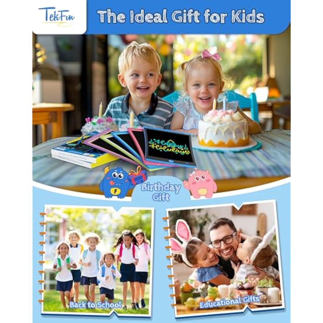 TEKFUN 2 Pack LCD Writing Tablet, 8.5inch Colorful Drawing Tablet for Kids, Erasable Writing Drawing Board with Lanyard, Learning Toys Gifts for 3 4 5 6 7 Years Old Boys Girls Toddlers (2X Blue)