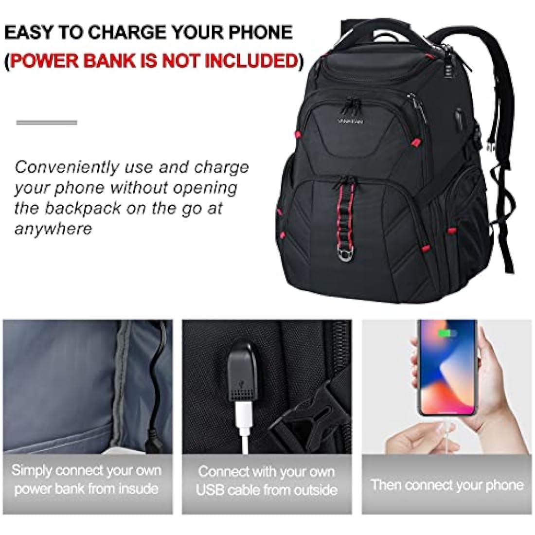 VANKEAN 17.3'' Travel Laptop Backpack TSA Friendly, Water Resistant Anti Theft Extra Large Backpack with RFID Pockets College Backpacks with USB Port for Men Women School Business Work Bag, Black