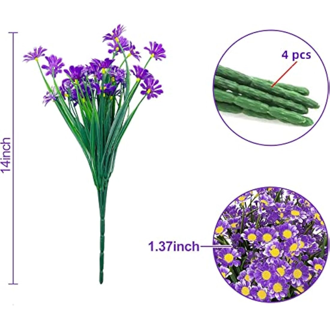 4PCS Artificial Daisy Flowers Outdoor Spring Summer Decoration UV Resistant Fake Flowers Faux Plastic Greenery Shrub Plant Indoor Outside Hanging Garden Home Porch Wedding Party Decor (Purple)