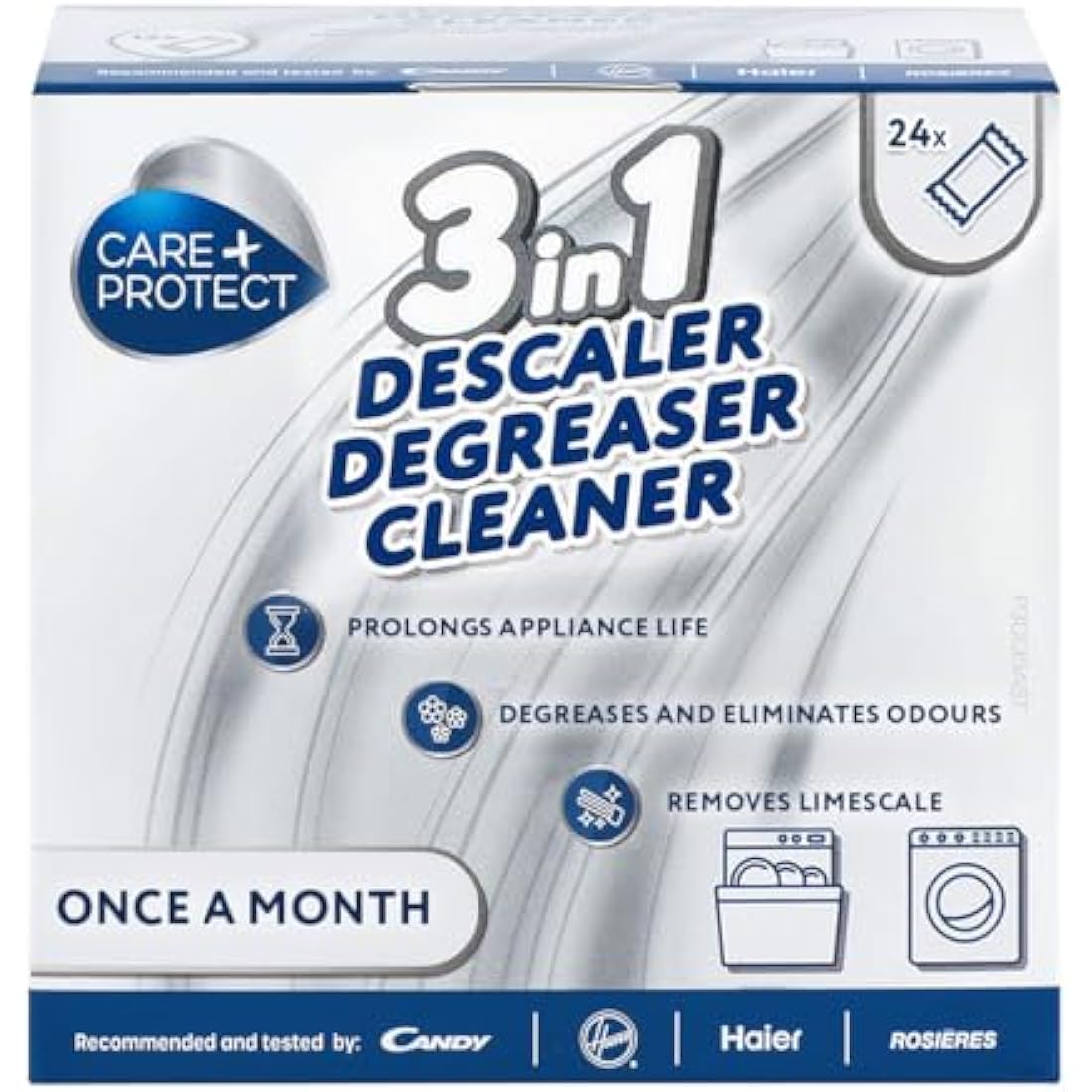 Care+Protect 3 in 1 Washing Machine - Dishwasher Cleaner - Limescale Remover - Degreaser - Hygienic Cleaner - Universal - 24 Months Supply - Maxi Pack
