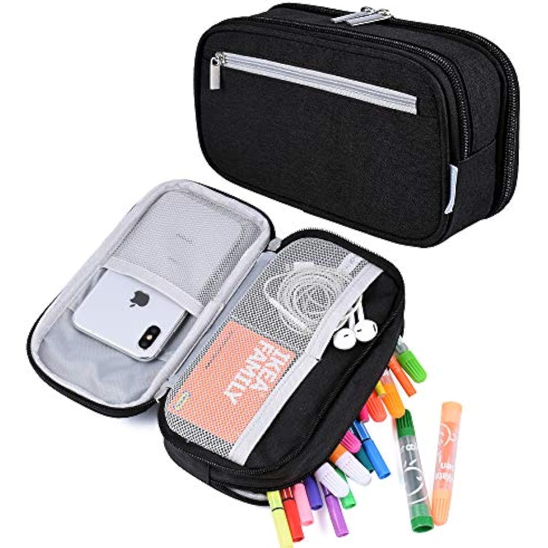 YONZONE Pencil Case Large Capacity Pencil Cases Big Pencil Bag Pen Pouch Holder for Boys Girls Teenage, 3 Compartments Stationery Office School Supplies High Storage Organiser Makeup Bag Adult, Black