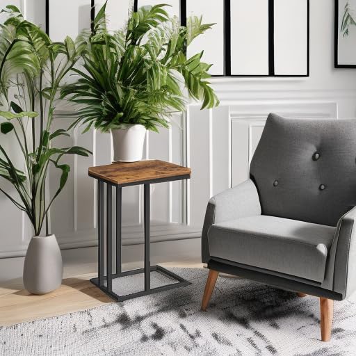 HOOBRO C-Shaped Side Table, Narrow Sofa Side Table, Coffee Snack Table with Metal Frame, Laptop Table, Slim Bedside Table for Bedroom, Living Room
