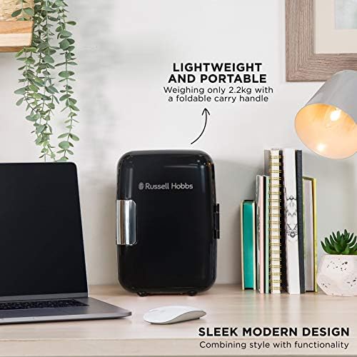 Russell Hobbs Mini Cooler RH4CLR1001B 4L/6 Can Portable Mini Cooler & Warmer for Drinks, Cosmetics/Makeup/Skincare, AC/DC Power, Retro Style, Black, For Bedroom, Home, Caravan, Car