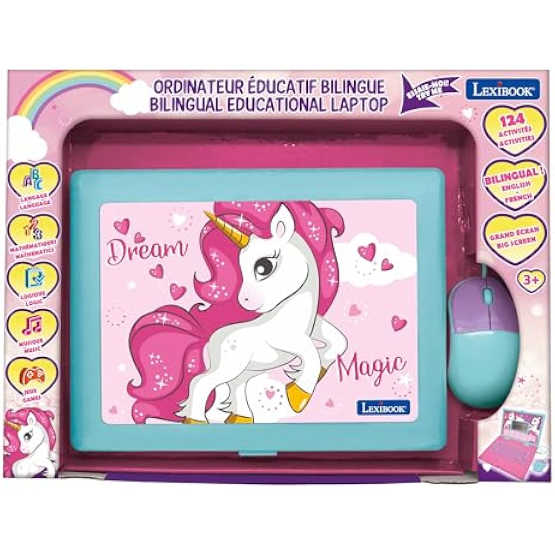 LEXIBOOK, Unicorn, Educational and Bilingual Laptop French/English, Toy for Children with 124 Activities to Learn Mathematics, Dactylography, Logic, Clock Reading, Games and Music, Pink, JC598UNIi1