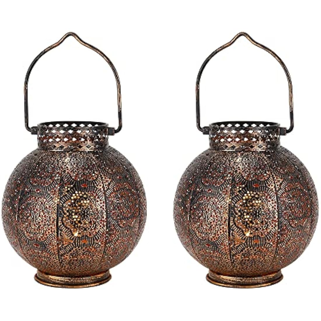TRIROCKS Set of 2 Moroccan Style Metal Table Lamp 18 cm H Battery Powered Cordless Lanterns with LED Fairy Lights Bulb Perfect for Home Living Room Parties Tabletop Indoors (Brown)