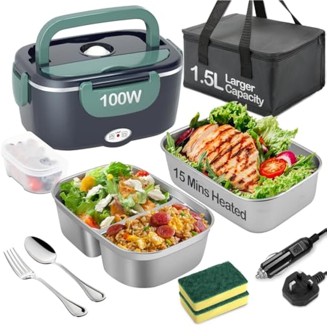 BYbrutek Electric Lunch Box 100W, 1.5L Removable Stainless Steel, 3-in-1 Portable Heated Lunch Box, 12V/24V/220V Insulated Heat Box for Car/Truck/Office/Home (Blue, 1.5L)