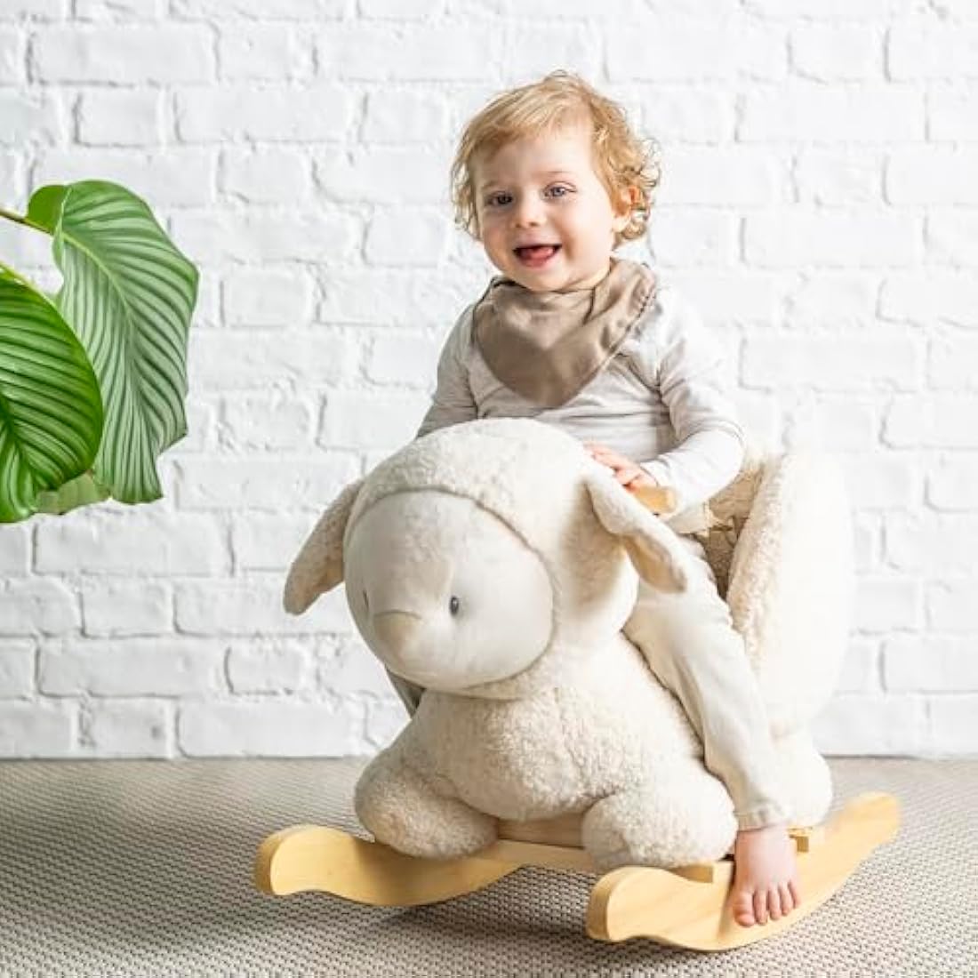 Nattou Wooden Rocker, Fully Padded Seat, Side Supports, Safety Belt, Handles For Small Hands, PETA-Approved Vegan, Soap-Water Cleaning, Super Soft Teddy Fabric Material, 10-36 Months, Ecru Sheep
