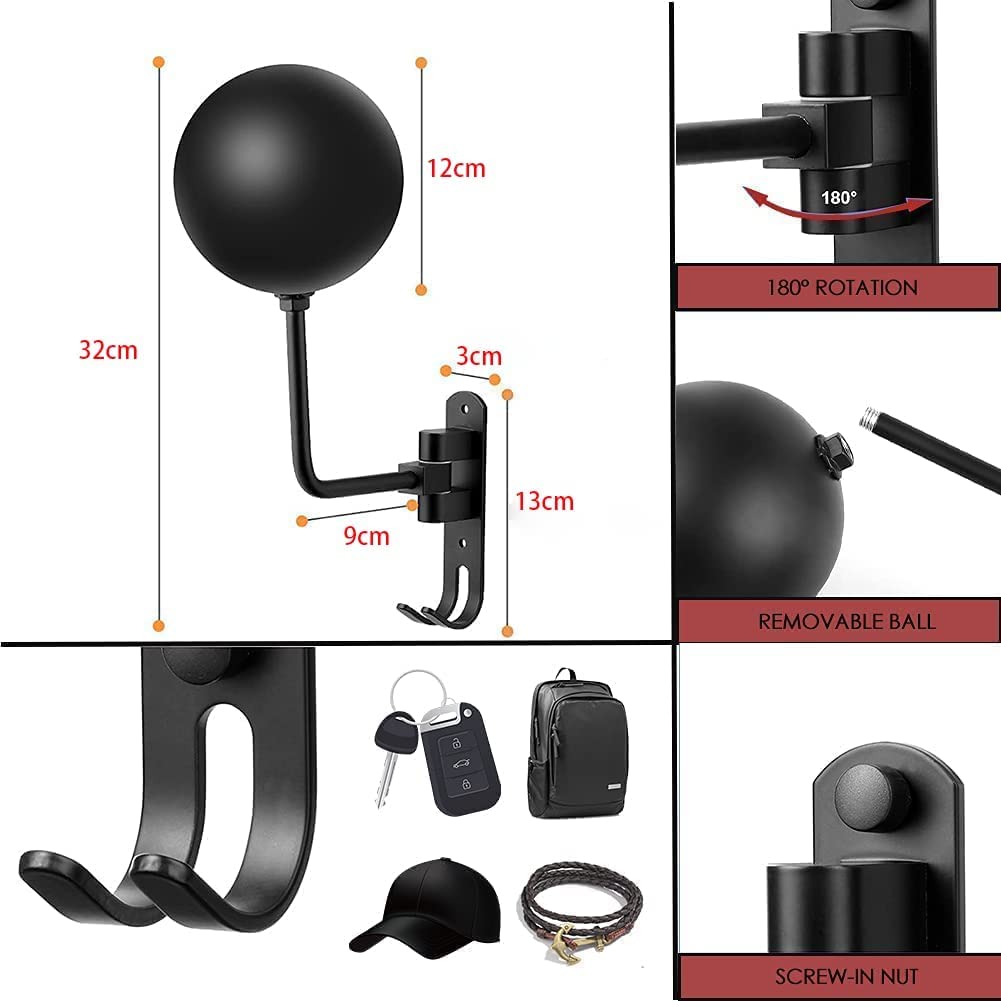 motofans helmet stand, Rotation Metal Helmet Holder Wall Mount, Helmet Holder Bike with 2 Hooks Helmet Hanger for motorbike, Caps, Baseballs, Rugby