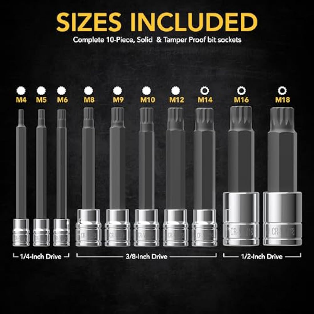 LEXIVON XZN Triple Square Spline Bit Socket Set, Extra Long 4-Inch | 10-Piece European Style M4 - M18, Premium S2 Alloy Steel | Enhanced Storage Case (LX-145L)