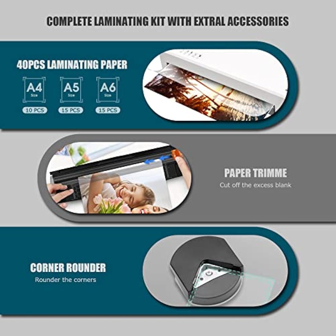 Buyounger Laminator with 40 Pouches, A4 Laminator Machine Thermal and Cold with Paper Trimmer & Corner Rounder, 9 Inches Laminating Machine for Home School Office