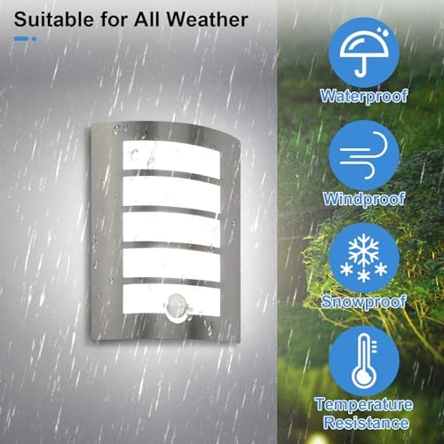 Wondlumi Outdoor Wall Lights with PIR Motion Sensor, Curved Outside Light Mains Powered Stainless Steel IP44 Waterproof for Porch Patio, Incl. 1x 12W Cool White E27 Bulbs