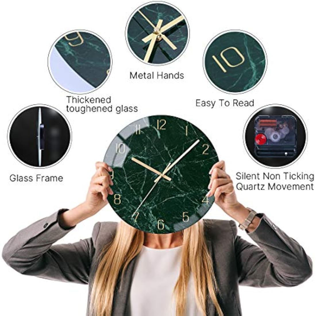 VIKMARI Glass Wall Clock Silent Non Ticking Wall Clocks- 12 Inch Quality Quartz Battery Operated Round Easy to Read Home/Office/Classroom/School Clock (Dark Green)