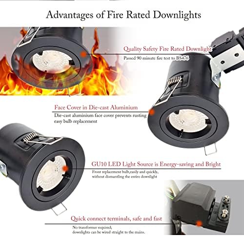 4XSweier 90 Minute IP20 Fire Rated Black Recessed Ceiling Spotlight, LED Downlight 5W Warm White 3000K, Spotlight with GU10 Junction Box (Non-Dimmable)