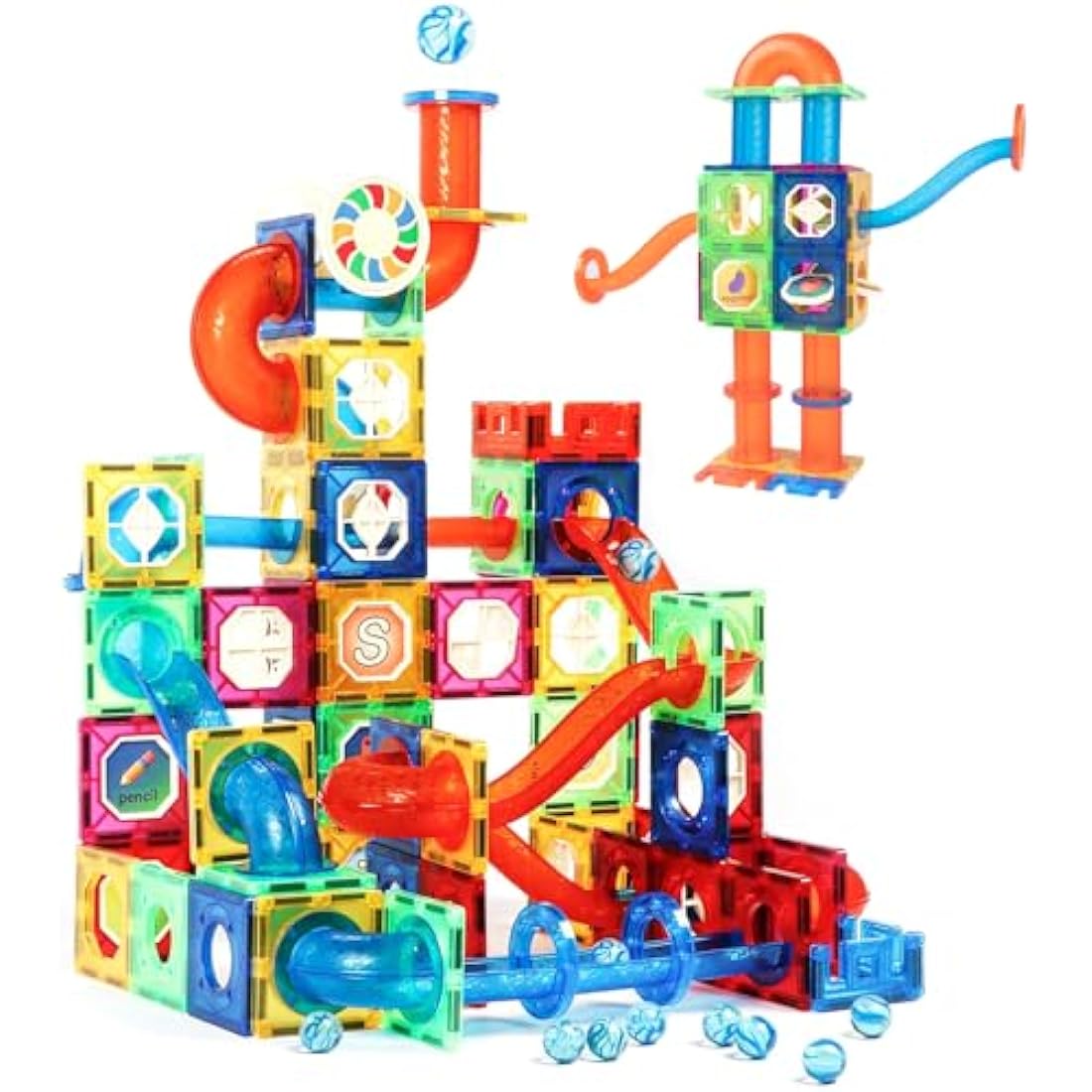Magblock 122 PCS Magnetic Building Blocks Marble Run Toy for Kid, Magnetic Tiles STEM Construction Gift Toys for Boys Girls Age 3 4 5 6 7 Years Old