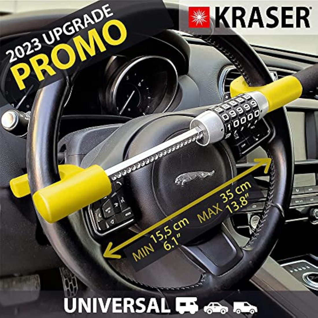 KRASER KR940B Heavy Duty Steering Wheel Lock Keyless Combination Code, Most Visible Deterrent Yellow Coated Reinforced Steel, Emergency Hammer, Universal Anti-Theft Device Car SUV Pick-Up Truck Van