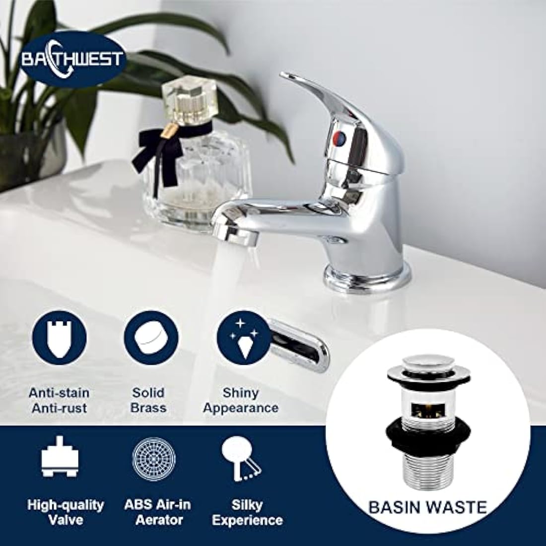 Basin Mixer Tap with Pop Up Waste, BATHWEST Classic Brass Chrome Monobloc Bathroom Sink Taps with Sink Plug, Single Lever Morden Basin Taps with Waste 022NCR