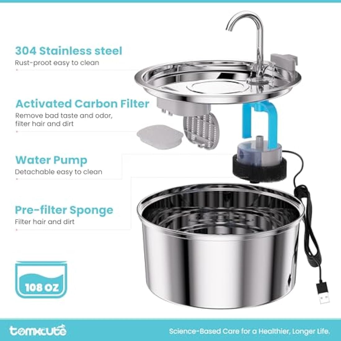 TOMXCUTE Cat Water Fountain for drinking, 3.2L Stainless Steel Pet Fountain, Cat Drinking Fountain Dishwasher Safe, Water Dispenser for Cats and Dogs, with Upgraded Pump and 3 Replacement Filters