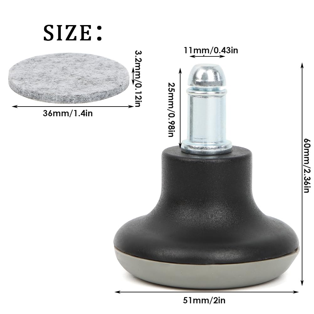 FOROREH 5PCS Glide Castors, Black Office Chair Swivel Caster Wheels, 2 Inch Bell Glides Replacement Office Chair Wheels Stopper with Felt Pads for