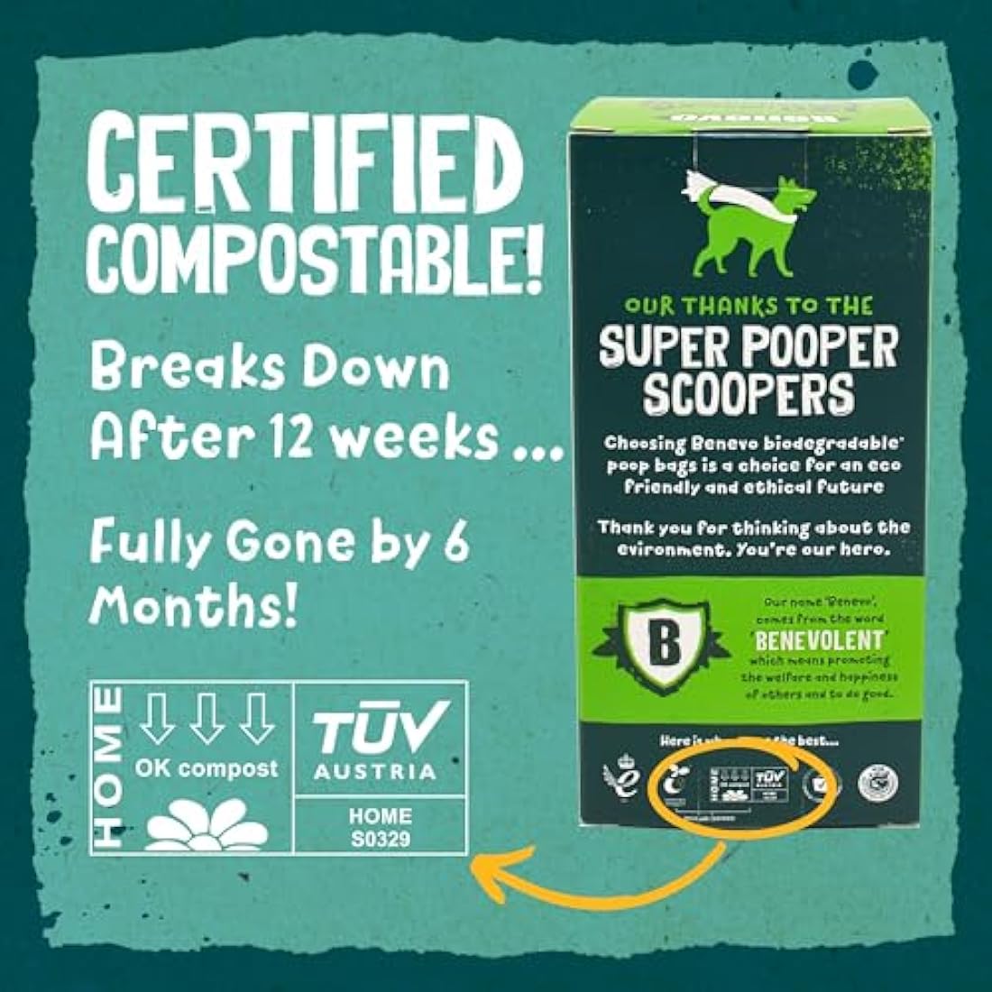 Benevo Biodegradable poop bags (720pk). Compostable doggy poo bags. Plastic free disposable waste eco bags. EN13432 certified cornstarch green doggie bags. (6 Pack (720 bags))