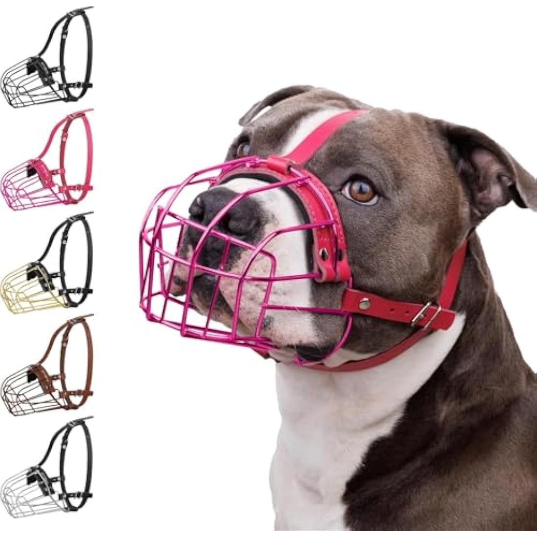 BRONZEDOG Pitbull Dog Muzzle Metal Mask Amstaff Wire Basket Pit Bull Adjustable Leather Straps for Large Dogs (Pink)