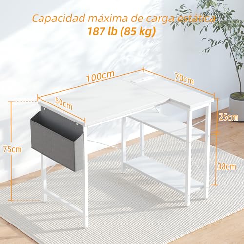 BEXEVUE Small L Shaped Desk with Power Outlets - 100x70cm Corner Computer Desk Writing Table, Reversible Large Storage Shelves, Bookshelf Workstation