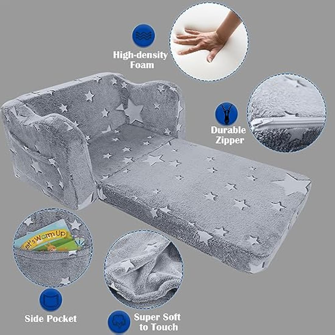 MeMoreCool Kids Couch Sofa, Folding Toddler Chair Bed, Soft Plush Fold Out Kids Armchair Floor Mini Sofa Glow in The Dark, Comfy Baby Recliner for Girls Boys, Grey