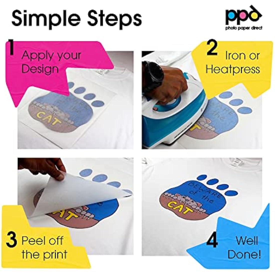 PPD Iron on Transfer Paper for Inkjet Printer for Light Fabric, A4, 8.5x11 Printable Paper for Clothing, T Shirts and Cotton Textiles, Print and Cut Heat Transfer, DIY at Home, Washable (100 Sheets)