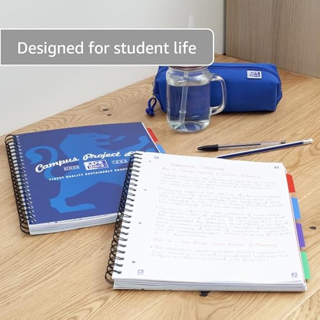 Oxford Campus A4 Project Notebook with Dividers, Wirebound, 8 mm Lined with Margin, 200 pages, Pack of 3, Optik Paper+, Blue